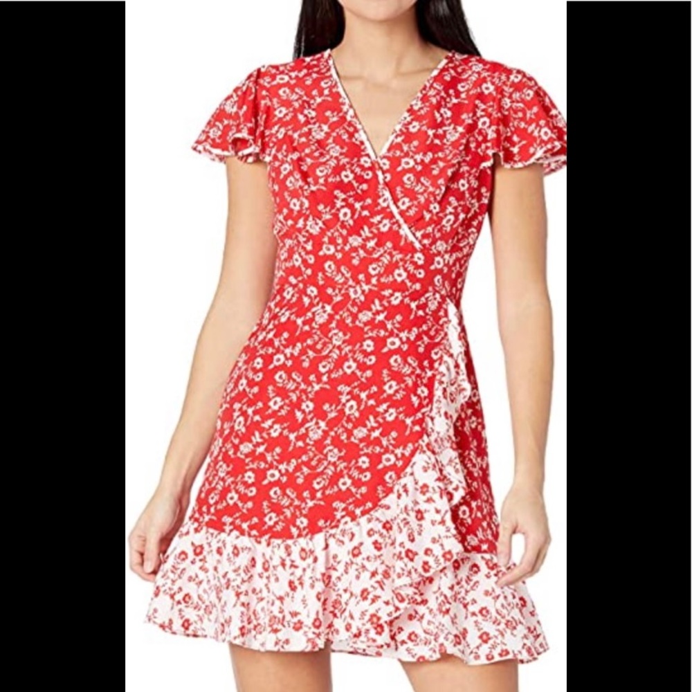 Vince Camuto Faux Wrap Fit and Flare Dress with Contrast Ruffle Hem